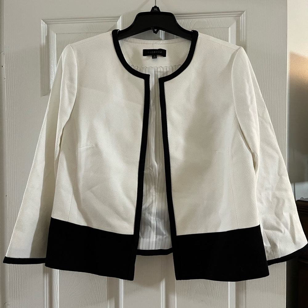 Talbots Black and White Color-Block Open-Front Slim-Fit Cropped Blazer Size 14